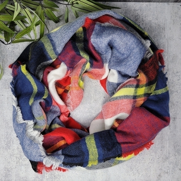 Red Navy Blue Yellow White Plaid Blanket Scarf with Fringe - Picture 1 of 3